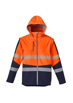 HI VIS SOFTSHELL UNISEX JACKET  - Zip off Hood, Zip Off Sleeves, Segmented Tape, Stretches for Comfort