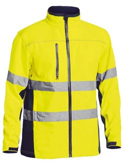 BISLEY WOMENS SOFT SHELL HI VIS JACKET - COMFORT PLUS,  REFLECTIVE TAPE, NAVY ARM PANEL, SHOWERPROOF